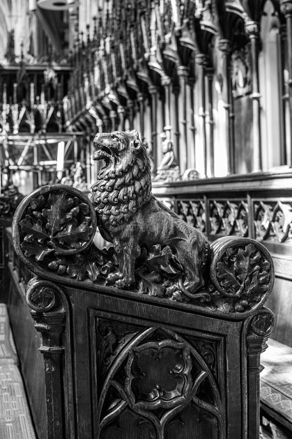 A lion sculpted in the wooden structure of the cathedral's choir