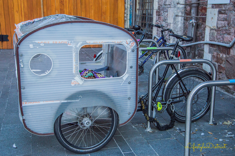 A DIY bike with its trailer parked in front of Colston Hall attracted my attention