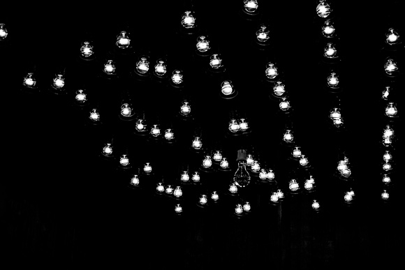 A dark room lit up by tens of lightbulbs